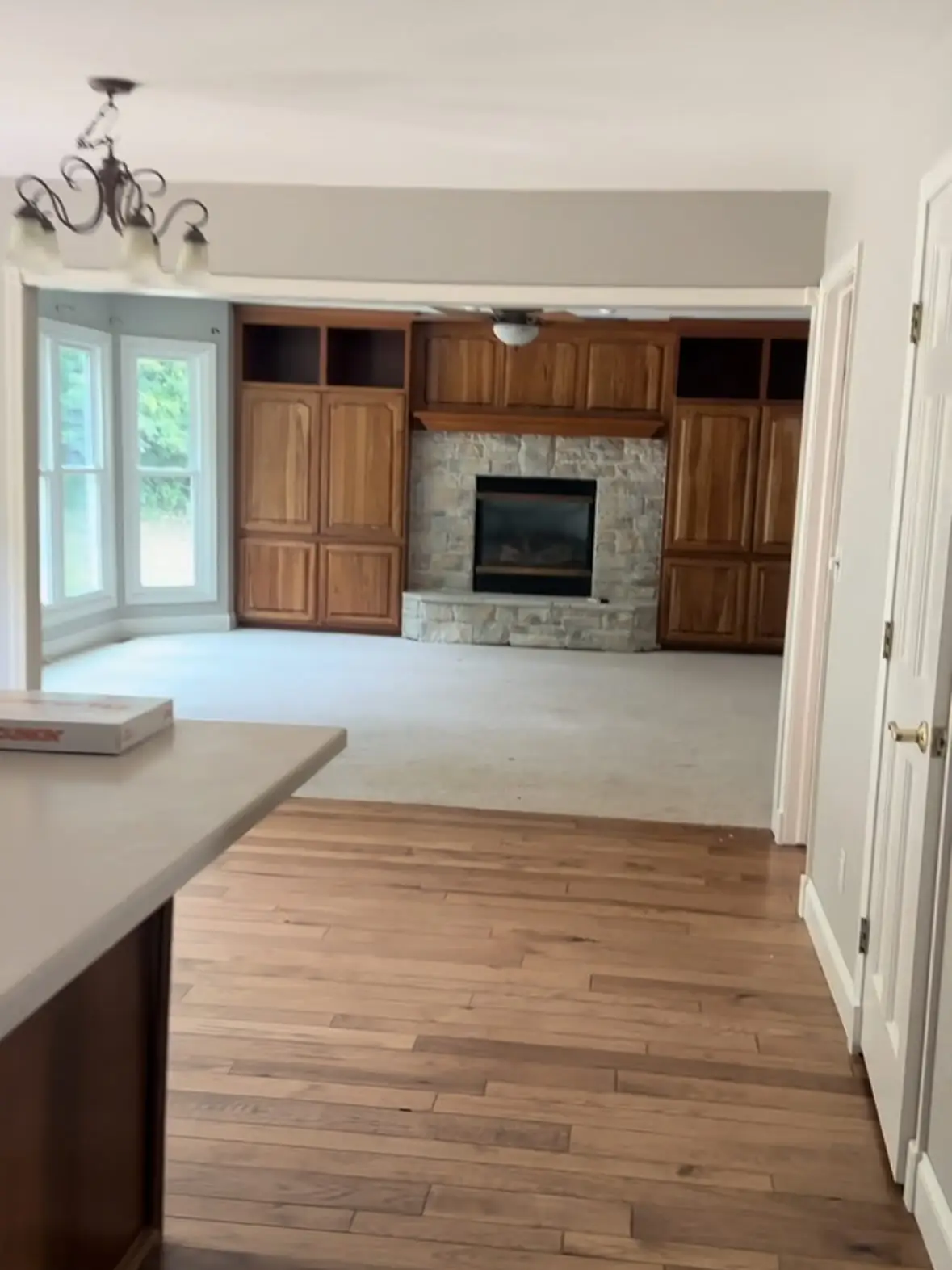 Living room before — wood built-ins