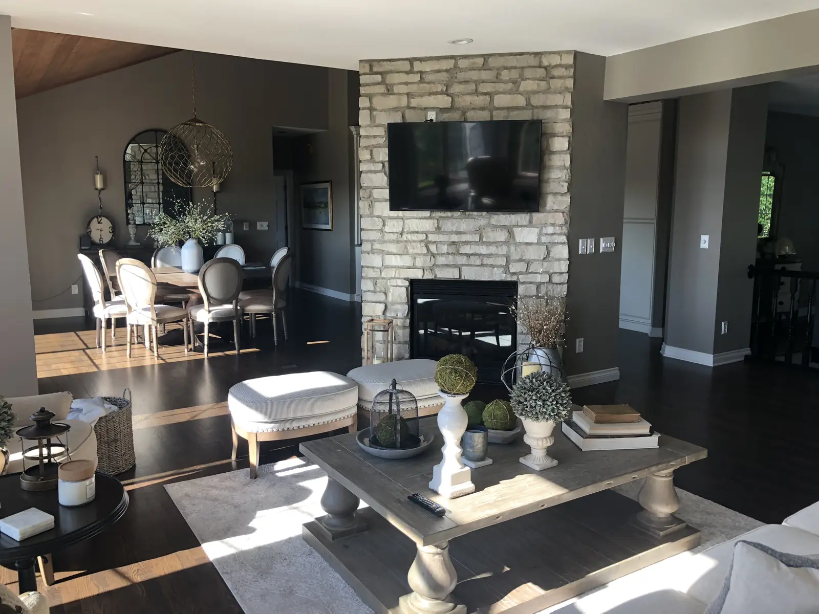Stacked-stone fireplace toward the dining room — Ridgefield Remodel