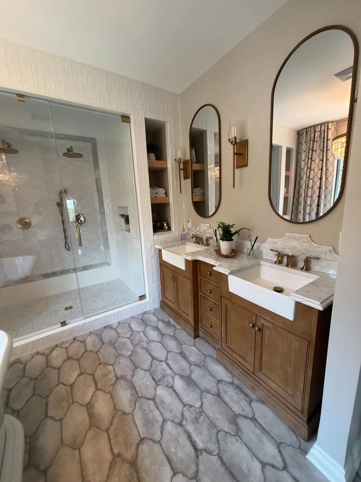 Double vanity and the shower beyond