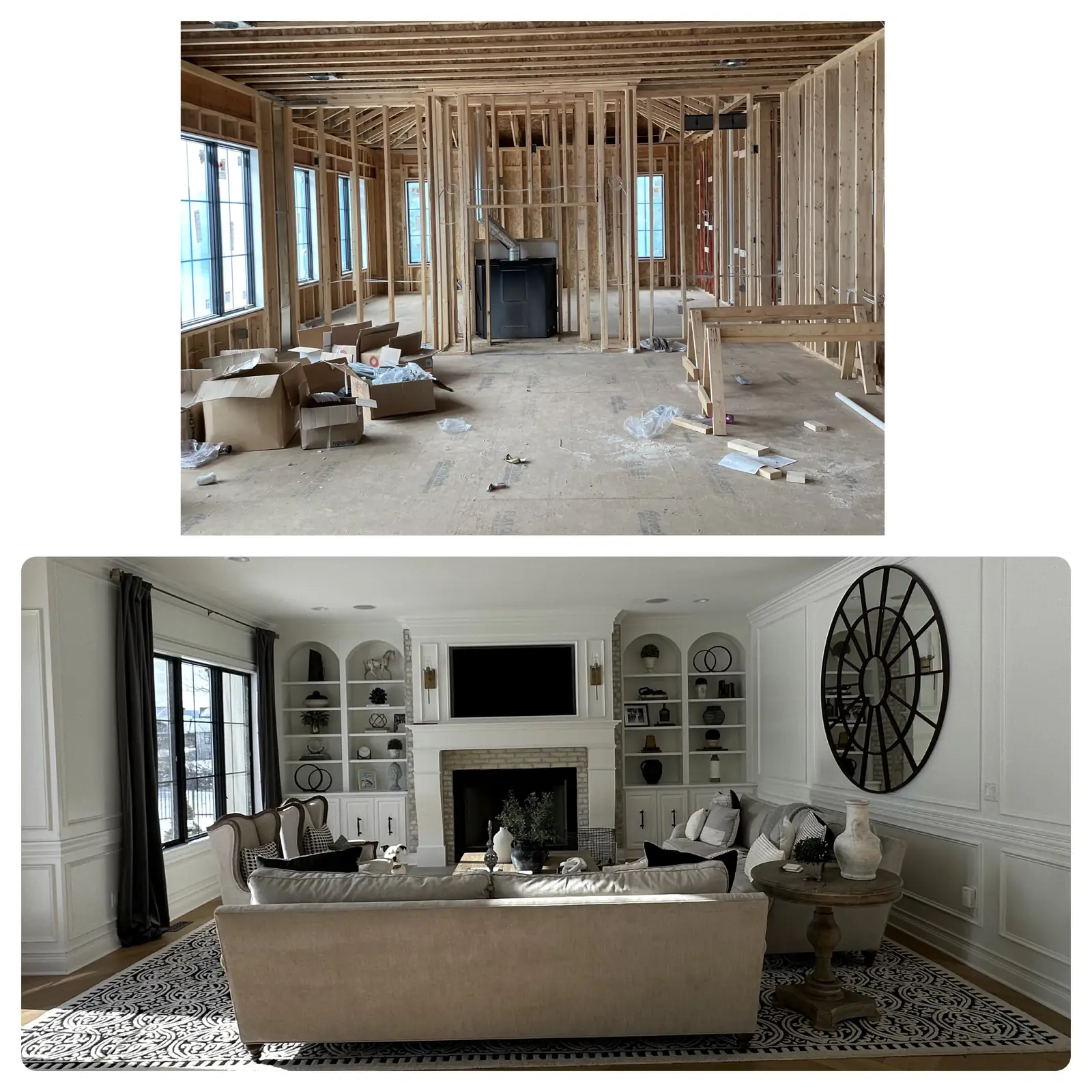 Living room before and after, side by side