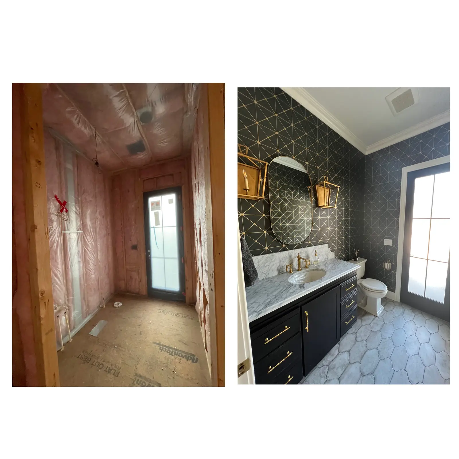 Powder room before and after, side by side