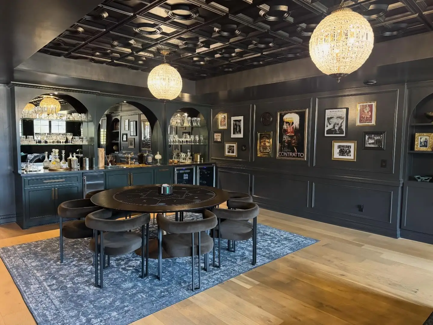 Coffered ceiling and crystal globe pendants